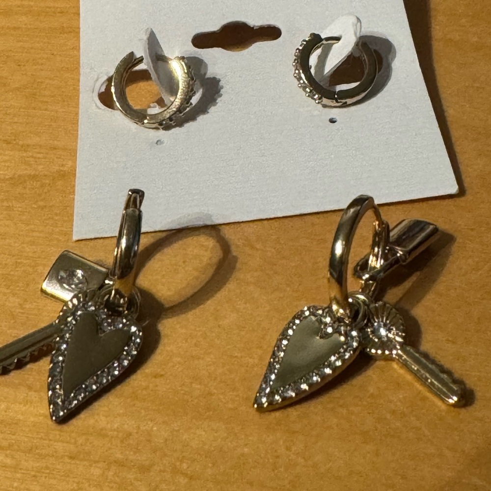 Rachel Roy 2 Gold Plated Huggie Hoop Earrings with Crystal Heart Key Lock Charms